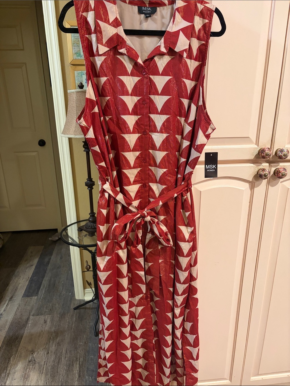 MSK Red & Cream Geometric Sleeveless Button-Front maxi Dress with gold shimmer